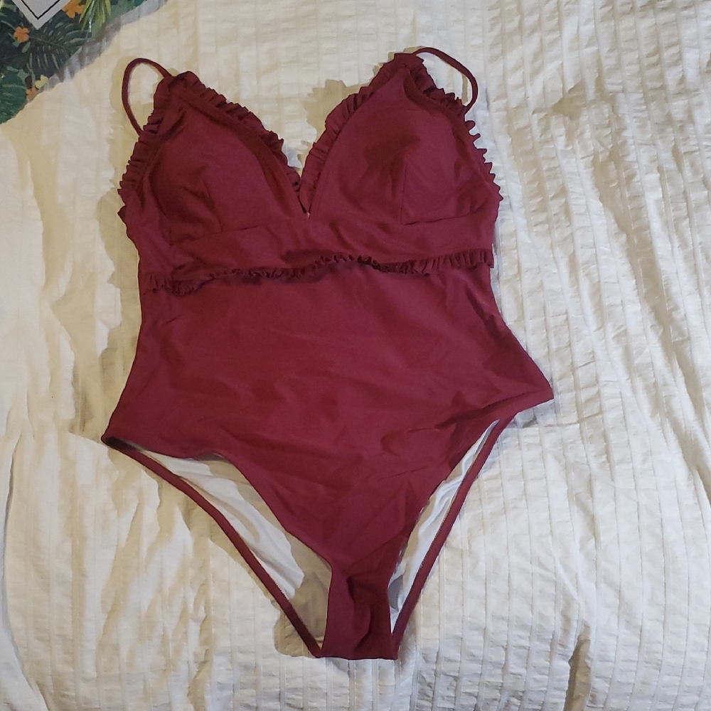 Ruffled Burgundy One-Piece Swimsuit